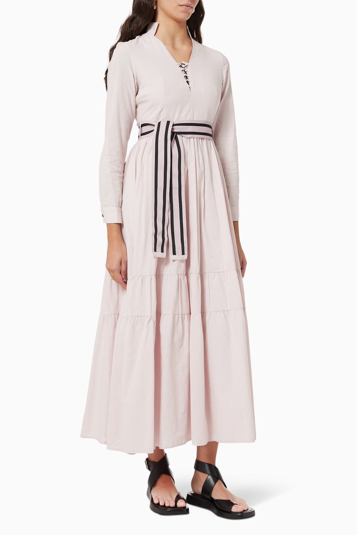 

Belted Tiered Maxi Dress in Cotton, Purple