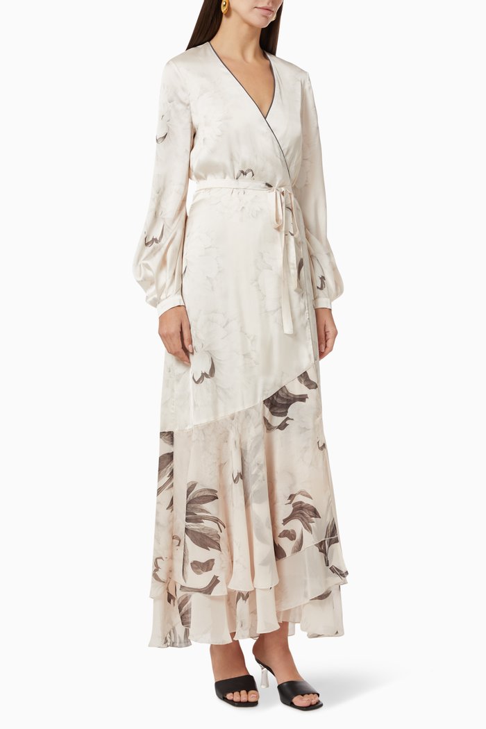 

Floral Wrap-around Maxi Dress in Satin Crepe, Neutral