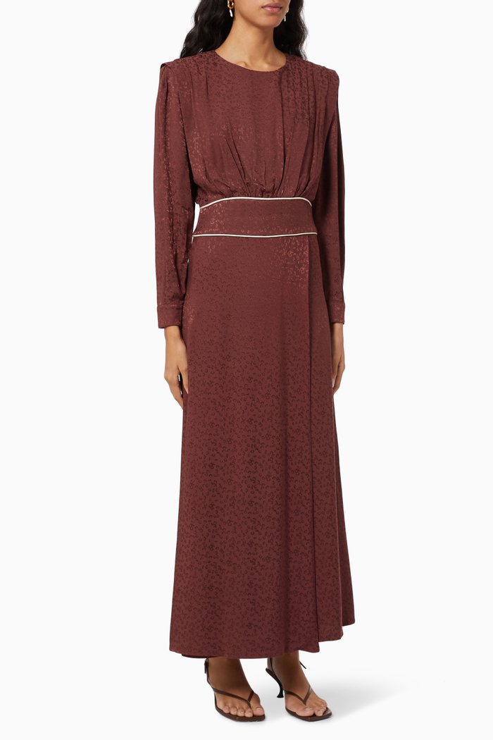 

Floral Maxi Dress in Jacquard Crepe, Brown