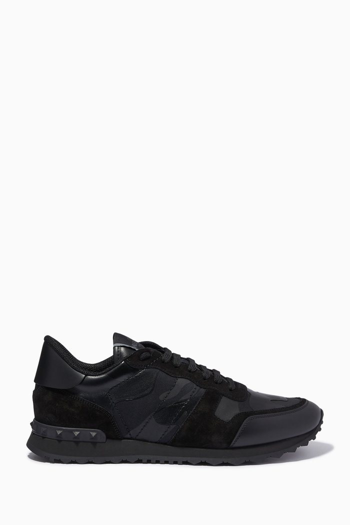 

Valentino Garavani Camouflage Rockrunner Sneakers in Mixed Leather, Black