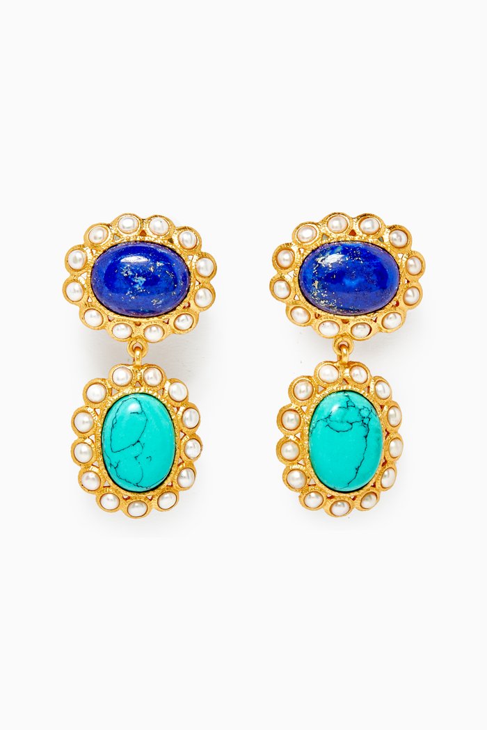 

Euphoria Hayman Drop Clip Earrings with Pearls in 24kt Gold Plating, Blue