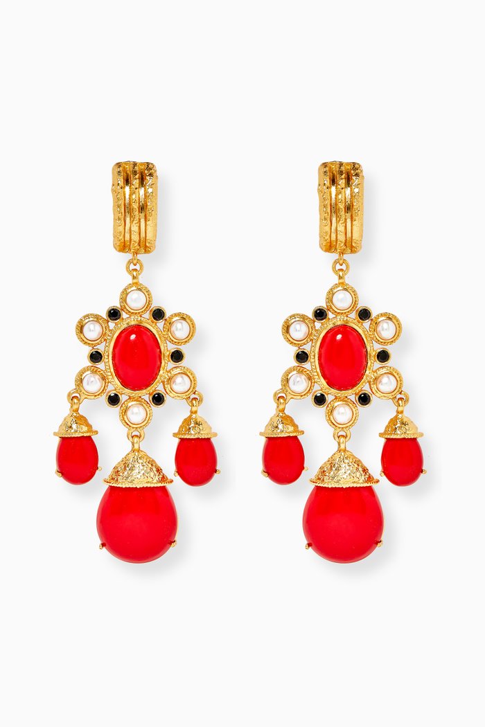 Euphoria Gypsy Chandelier Clip Earrings in 24kt Gold Plating, Red