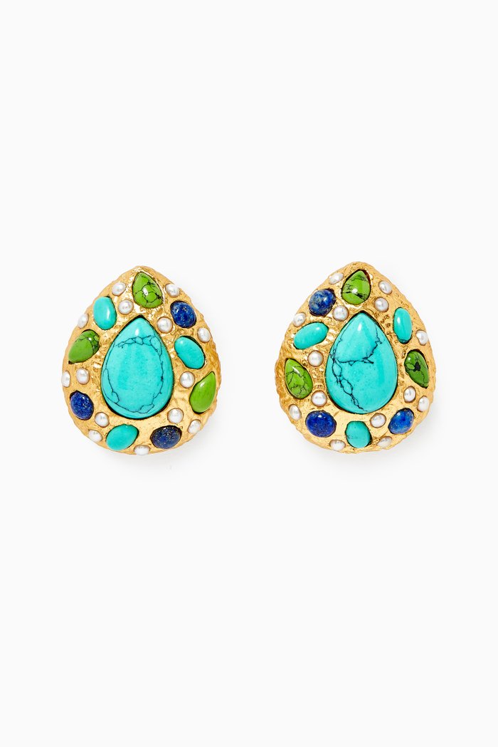 

Euphoria Whitsunday Pear Stud Clip Earrings with Lapis & Pearls in 24kt Gold Plating, Blue