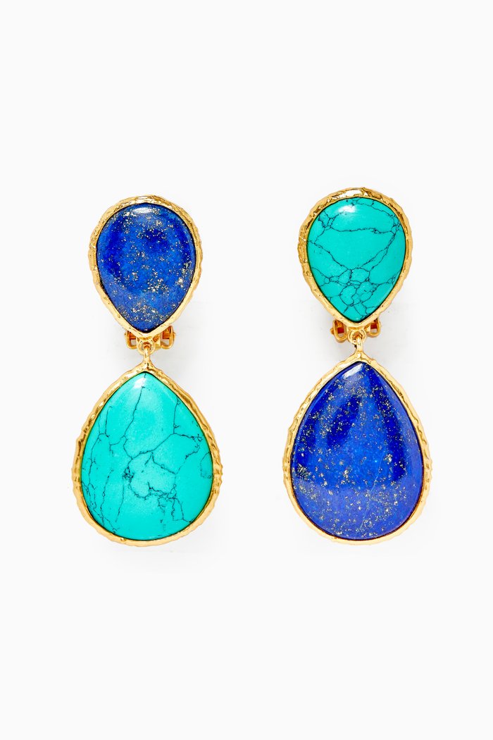 

Euphoria Malibus Drop Clip Earrings in 24kt Gold Plating, Blue