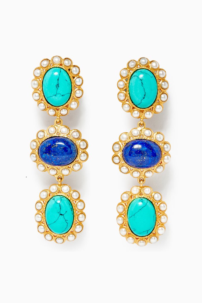 

Euphoria Oceana Drop Clip Earrings with Lapis & Pearls in 24kt Gold Plating, Blue