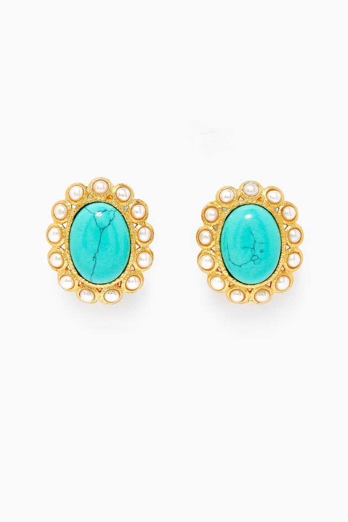

Euphoria Oceana Stud Clip Earrings with Pearls in 24kt Gold Plating, Blue