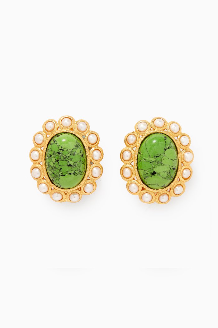 

Euphoria Oceana Stud Clip Earrings with Pearls in 24kt Gold Plating, Green