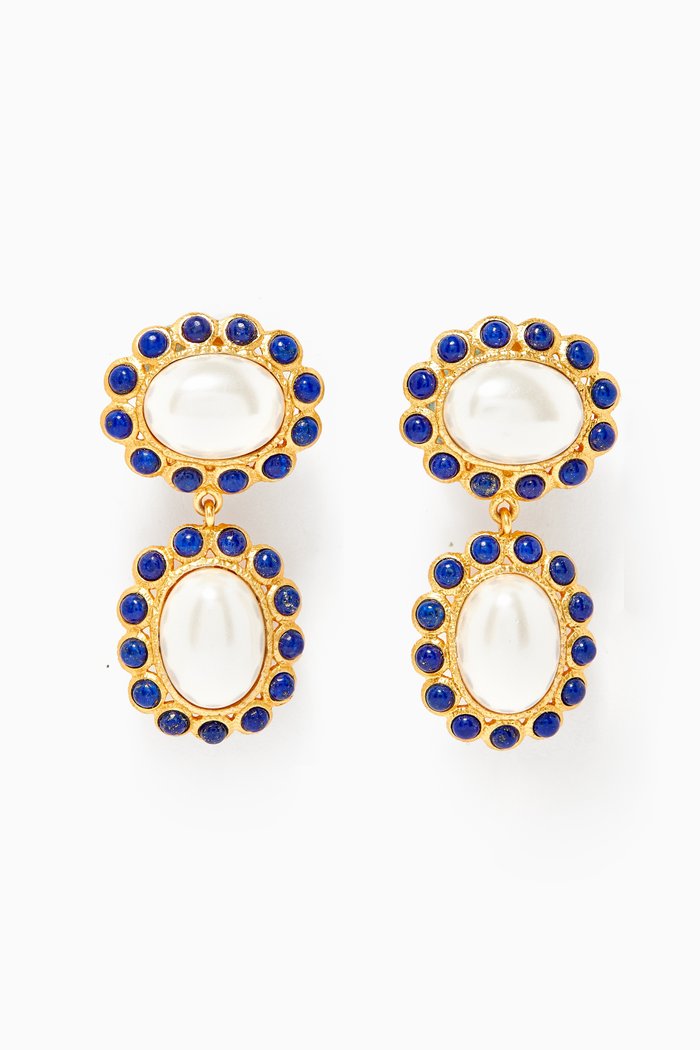 

Euphoria Hayman Drop Clip Earrings with Pearls in 24kt Gold Plating, Blue
