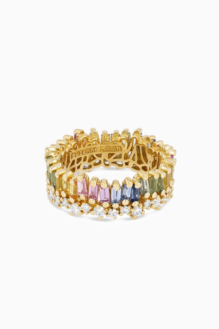

Pastel Rainbow Fireworks Short Stack Sapphire Ring in 18kt Yellow Gold