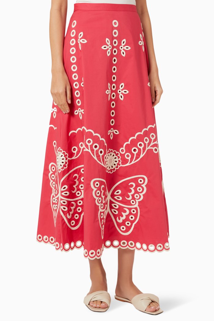 Sangallo Embroidered Midi Skirt in Cotton Poplin, Pink