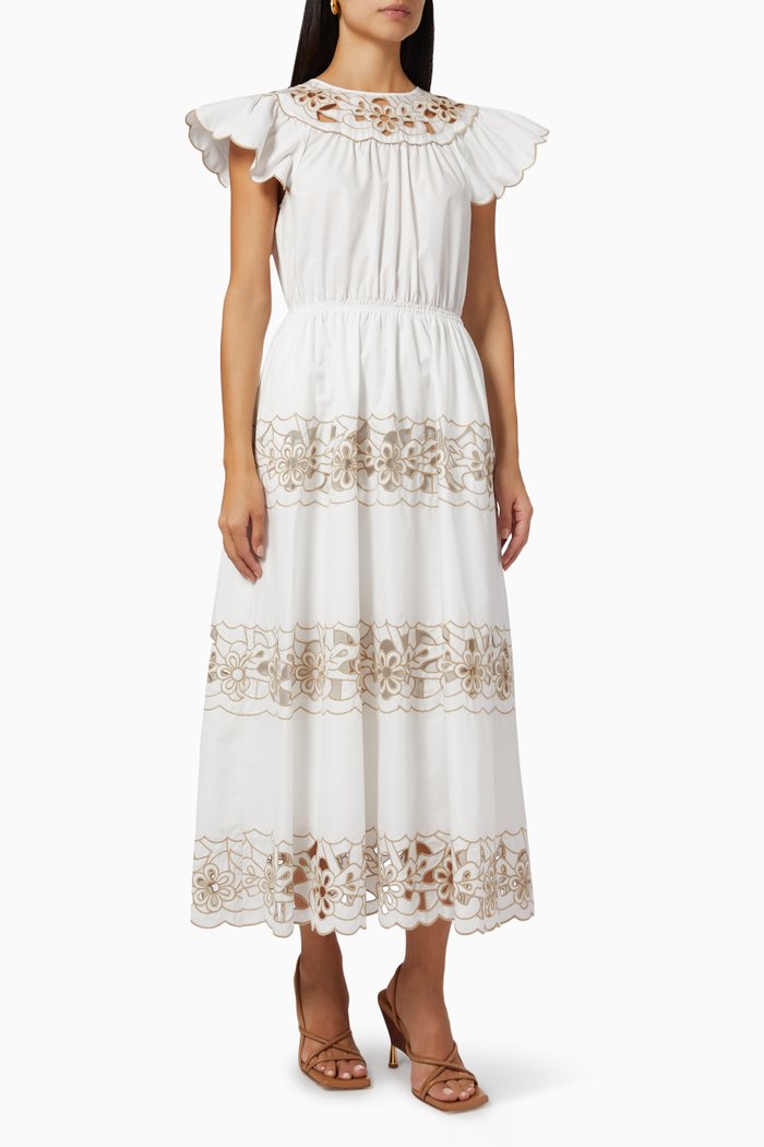 

Floral Embroidered Dress in Cotton Poplin, Neutral