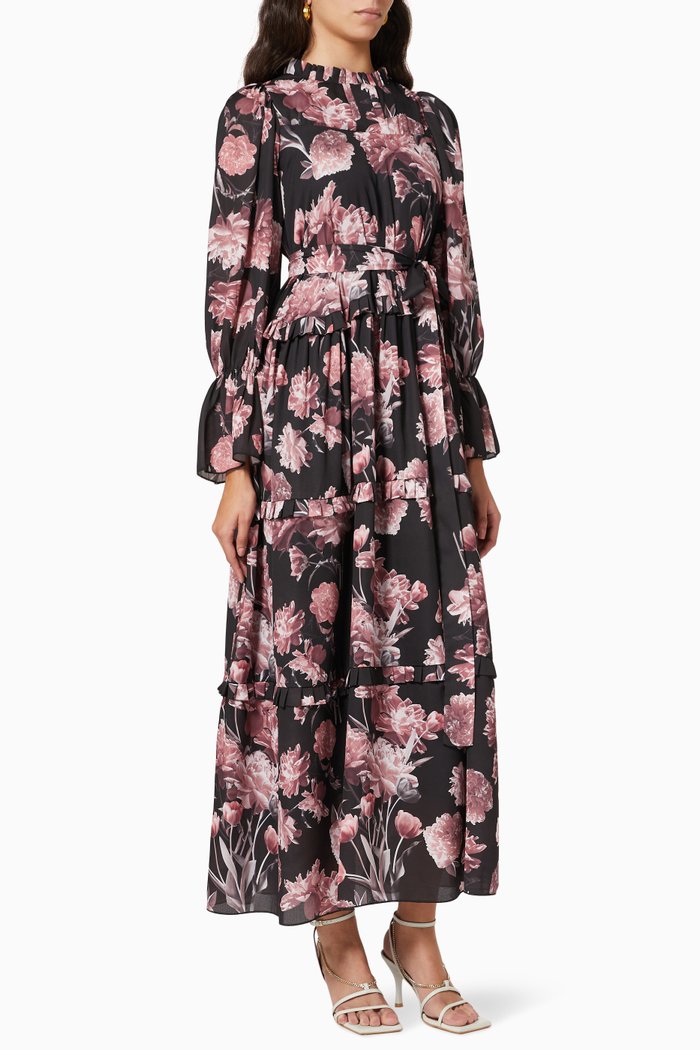 

Floral Tiered Frill Dress in Chiffon, Black