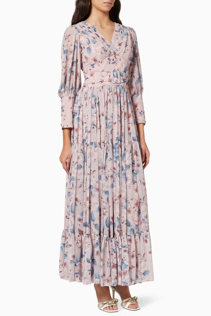 

Floral Belted Dress in Chiffon, Pink