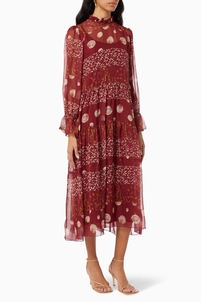 

Tiered Midi Dress in Crepe, Red