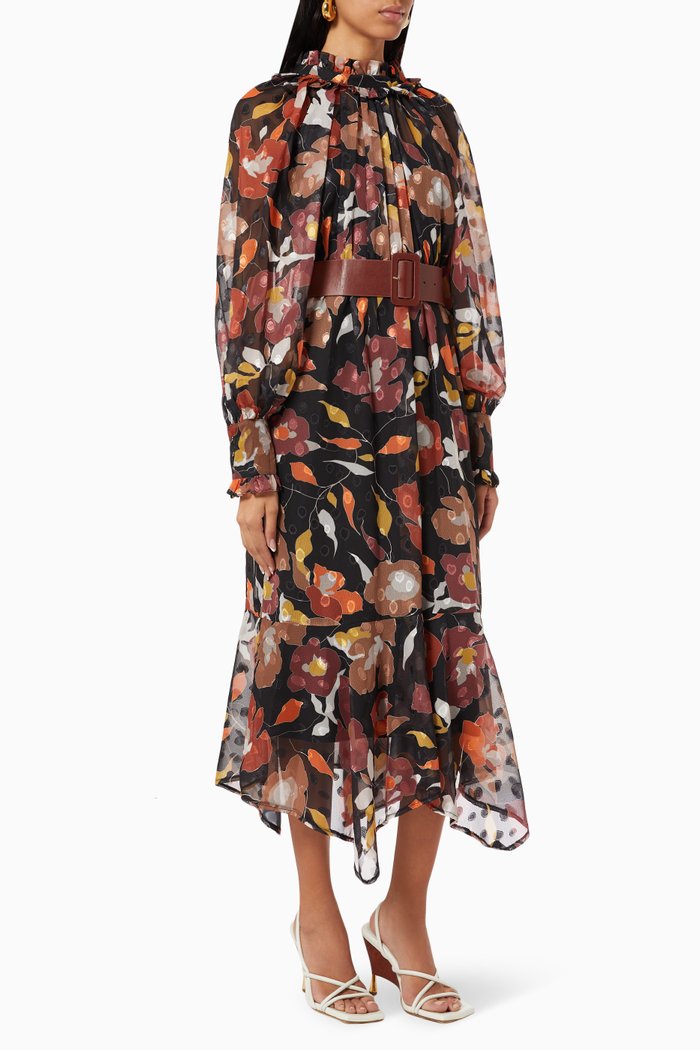 

Asymmetric Midi Dress in Floral Print, Black