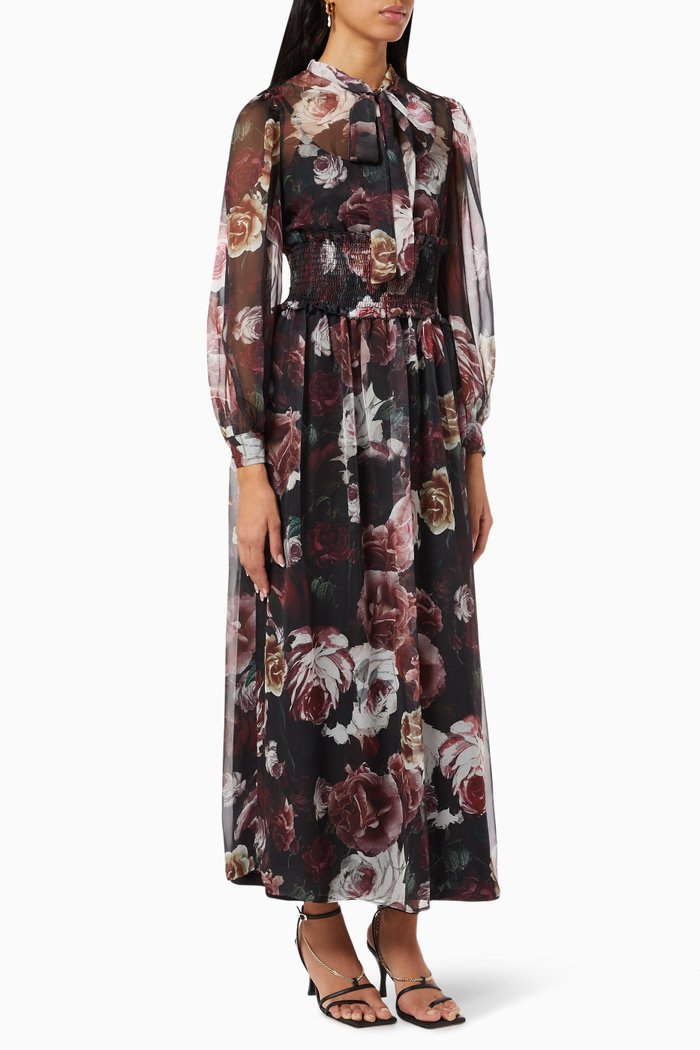 

Shirring Detail Maxi Dress in Floral Print, Black