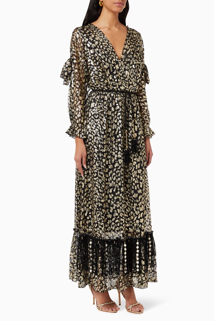 

Animal Print Maxi Dress in Metallic Crepe, Black