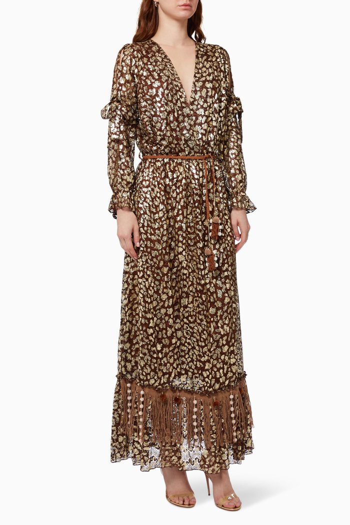 

Animal Print Maxi Dress in Metallic Crepe, Brown