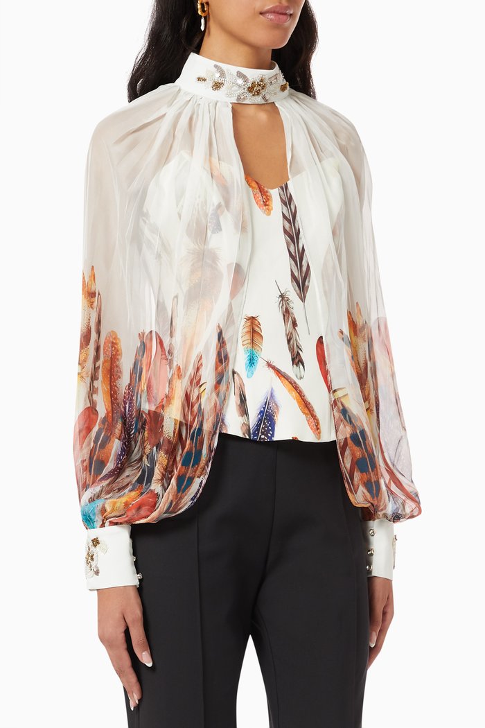 

Feather Print Bustier Top, White