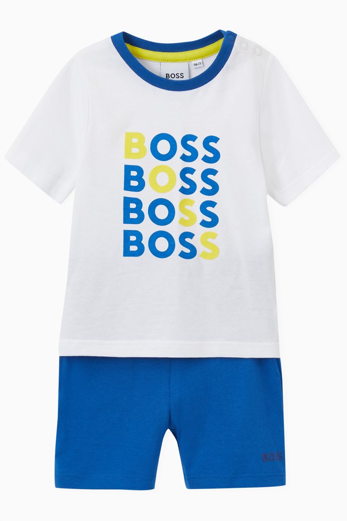 Logo Print T-shirt and Shorts Set in Cotton, Blue