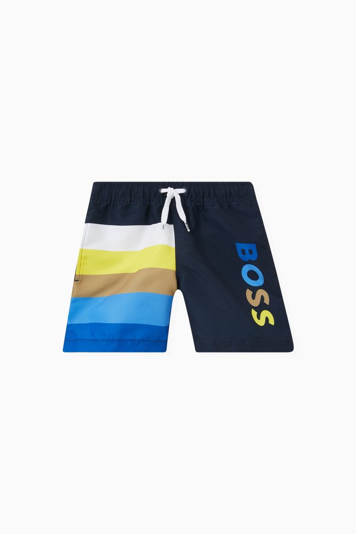 

Striped Logo Print Swim Shorts in Woven Polyester, Blue