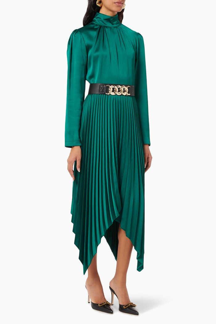 

Handkerchief Pleated Dress in Satin, Green