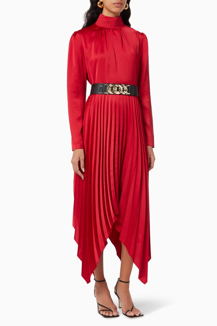 

Handkerchief Pleated Dress in Satin, Red