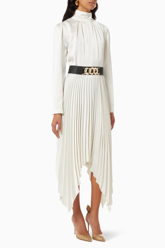 Handkerchief Pleated Dress in Satin, White
