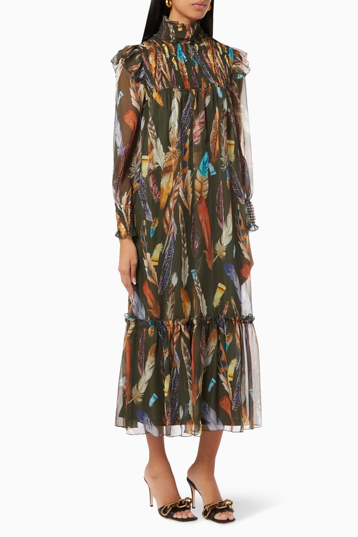 

Feather Print Dress in Tulle, Green