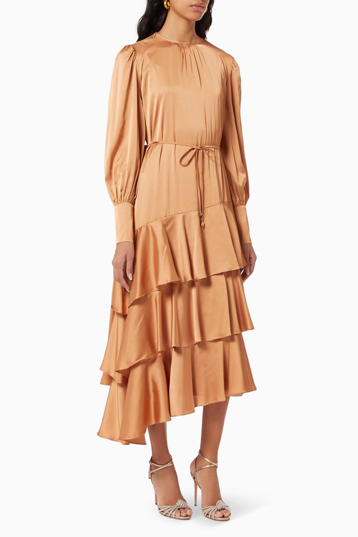 

Asymmetric Tiered Dress in Satin, Neutral