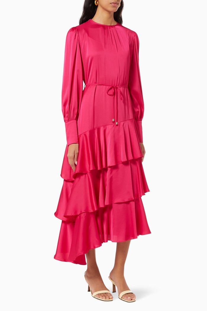 

Asymmetric Tiered Dress in Satin, Pink