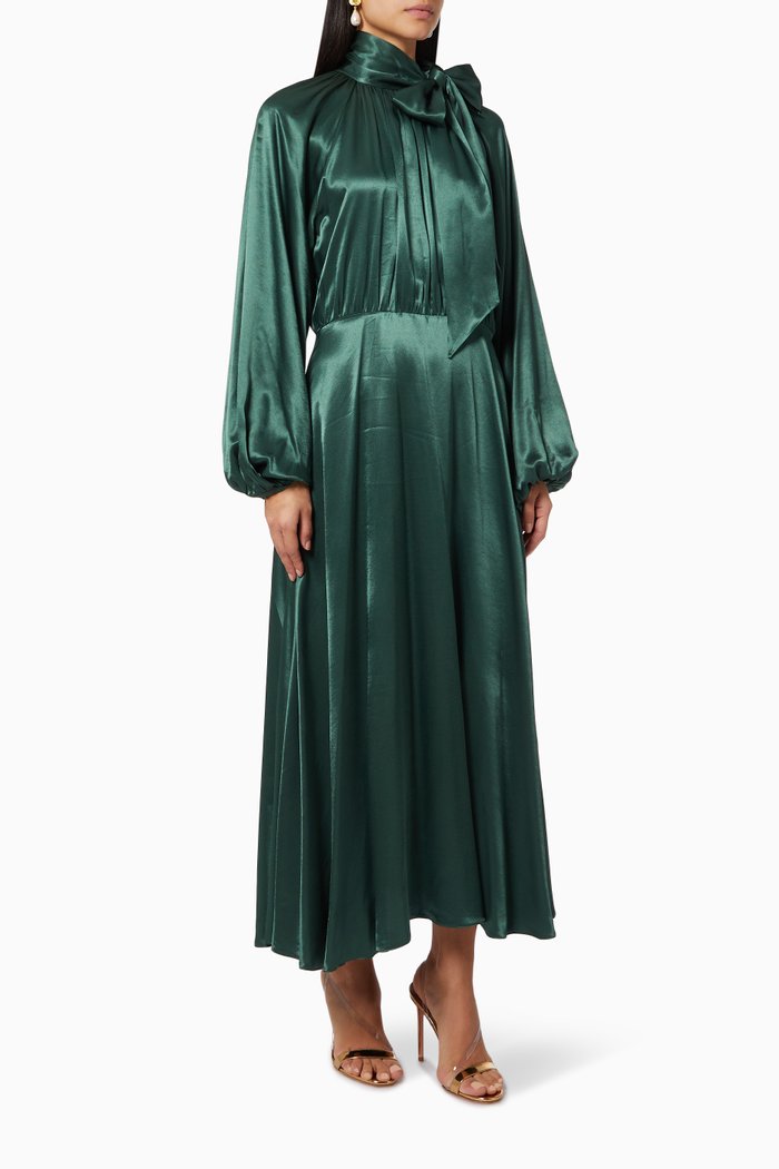 

Long Sleeve Dress in Satin, Green