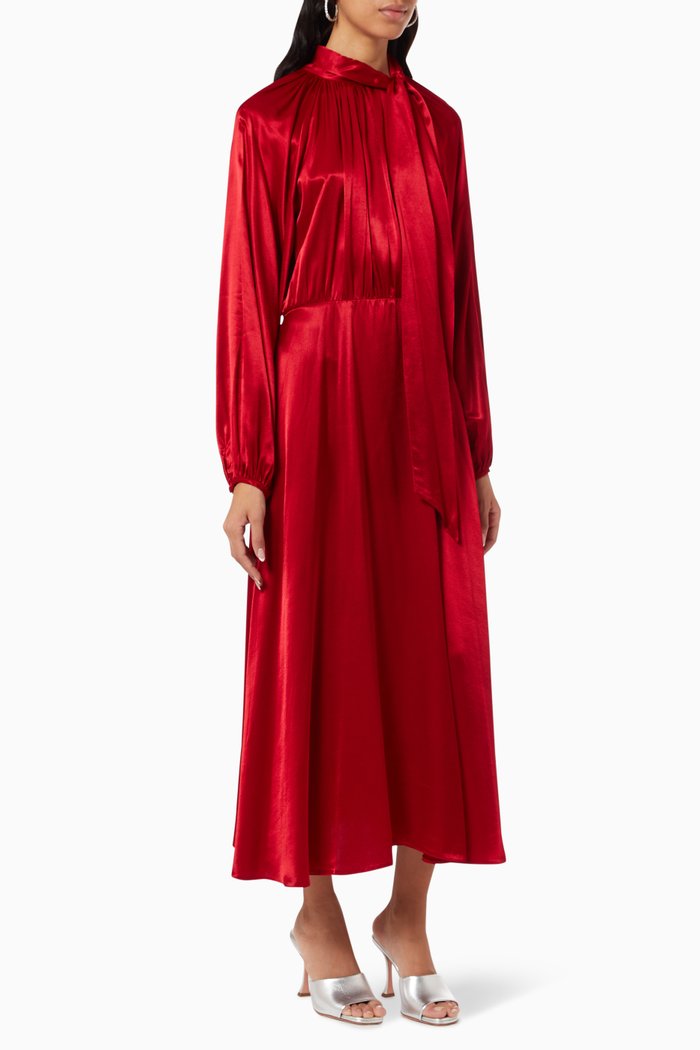 

Long Sleeve Dress in Satin, Red