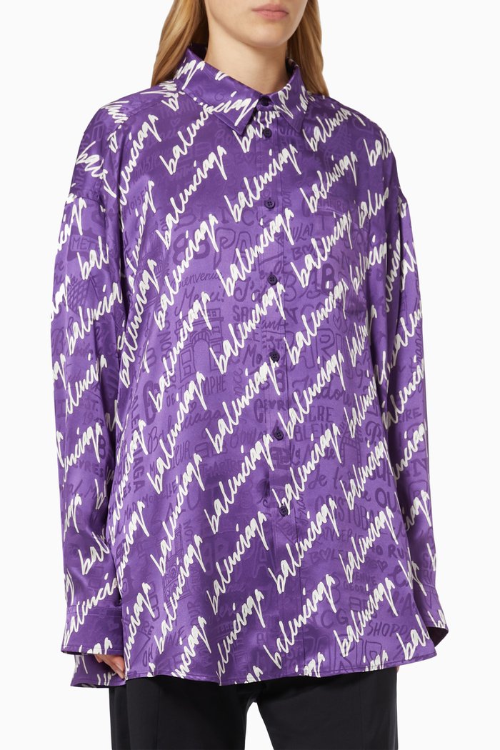 

Oversized Shirt in Logo Jacquard Satin, Purple