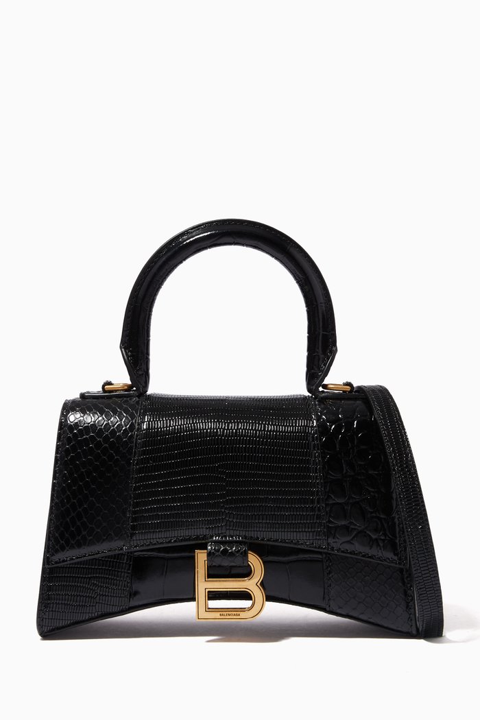 

Hourglass XS Top Handle Bag in Shiny Crocodile Embossed Calfskin, Black