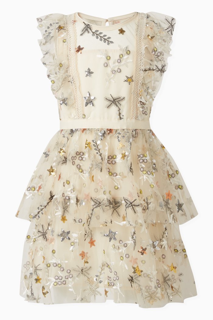 Embroidered Frill Dress in Polyester, Neutral