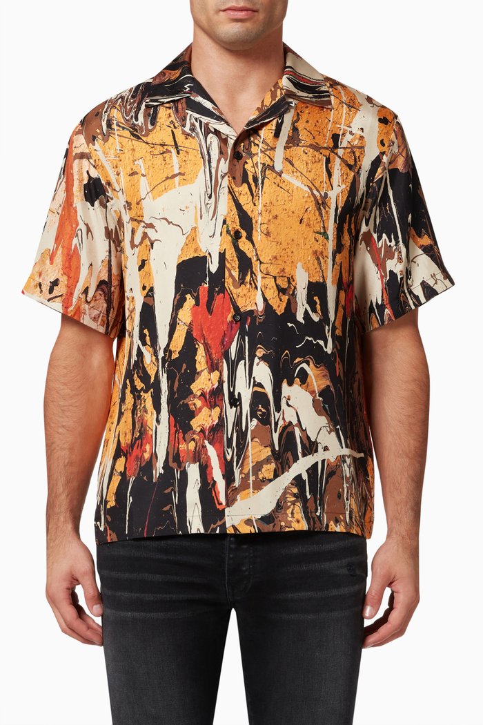 

Paint Splatter Bowling Shirt in Silk, Brown
