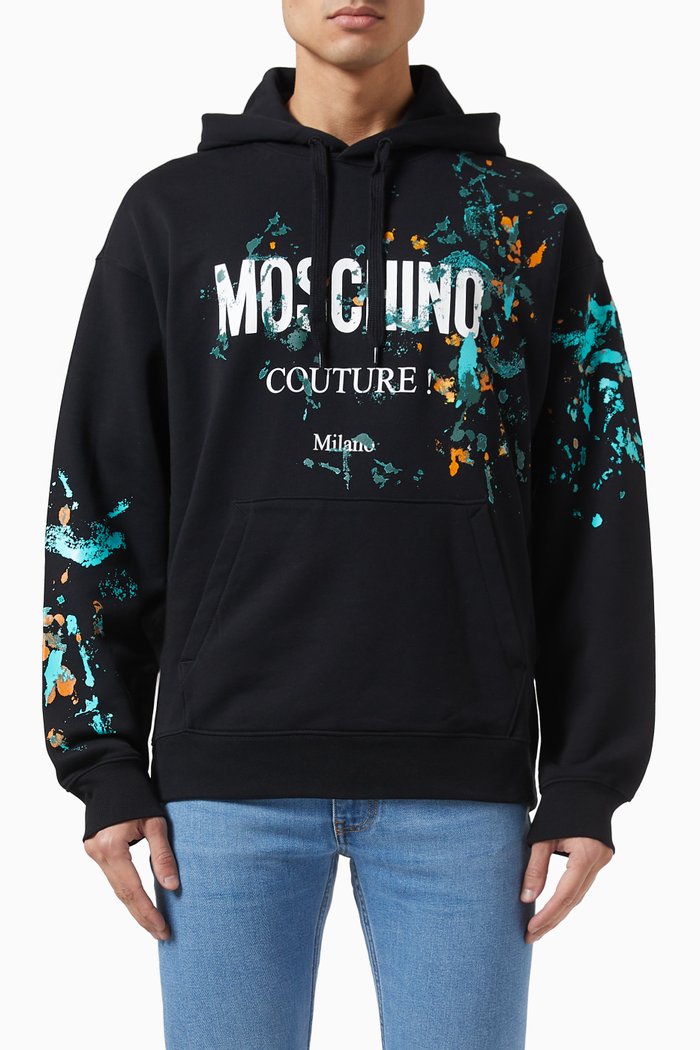 Painted-effect Logo Hoodie in Organic Cotton Fleece, Black