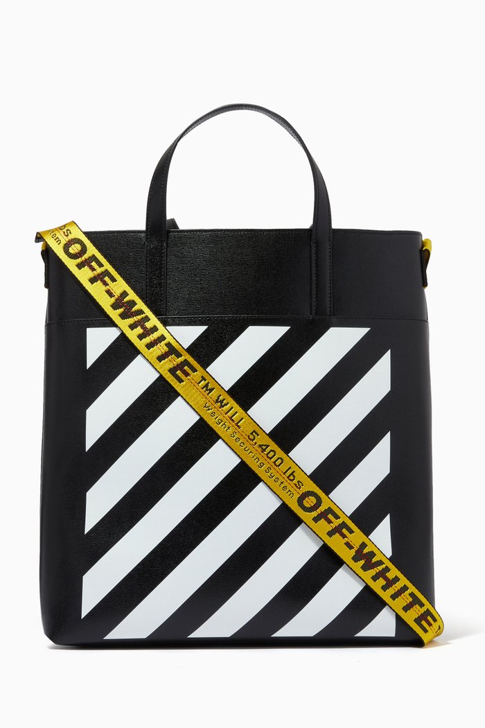 Diagonal Stripe Tote Bag in Leather, Black