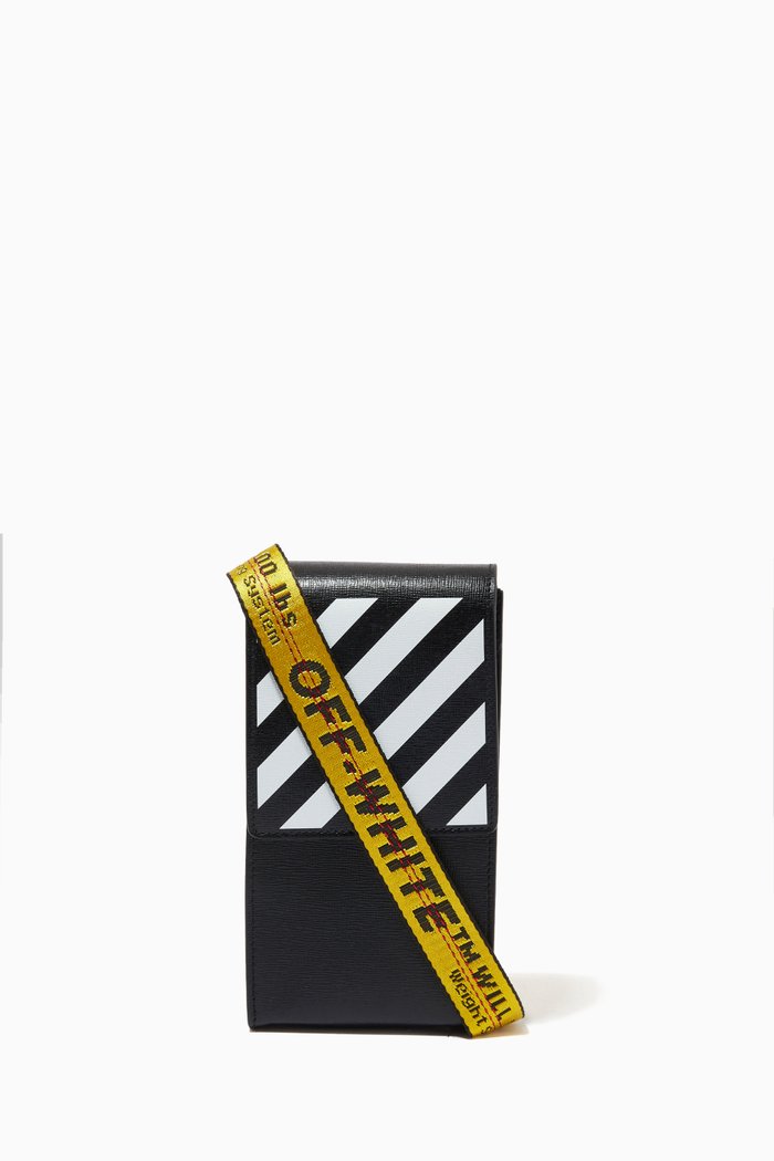 

Diagonal Stripe Neck Pouch in Leather, Black