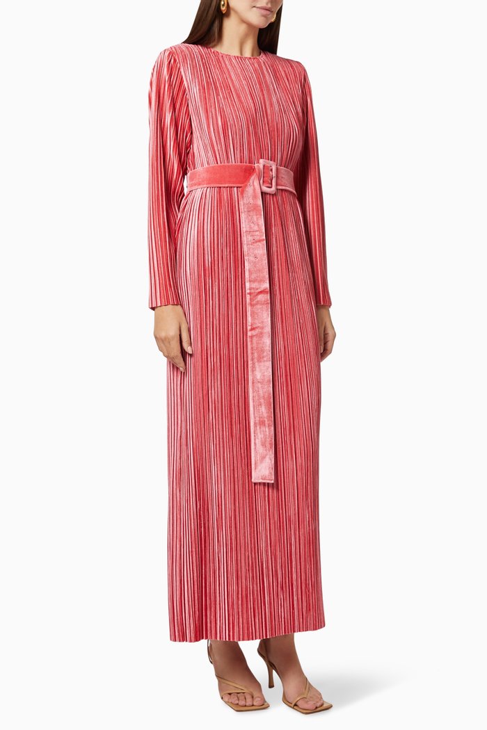

Plisse Belted Dress in Velvet, Pink