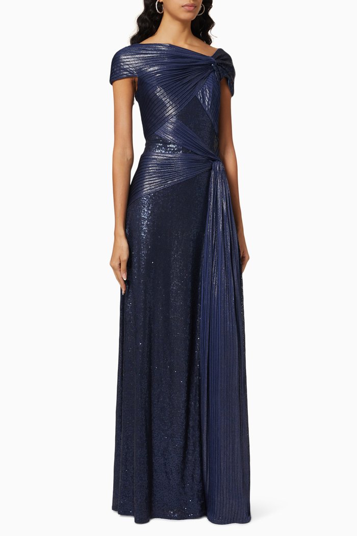 

Cap Sleeve Ruched Sequin Gown, Blue