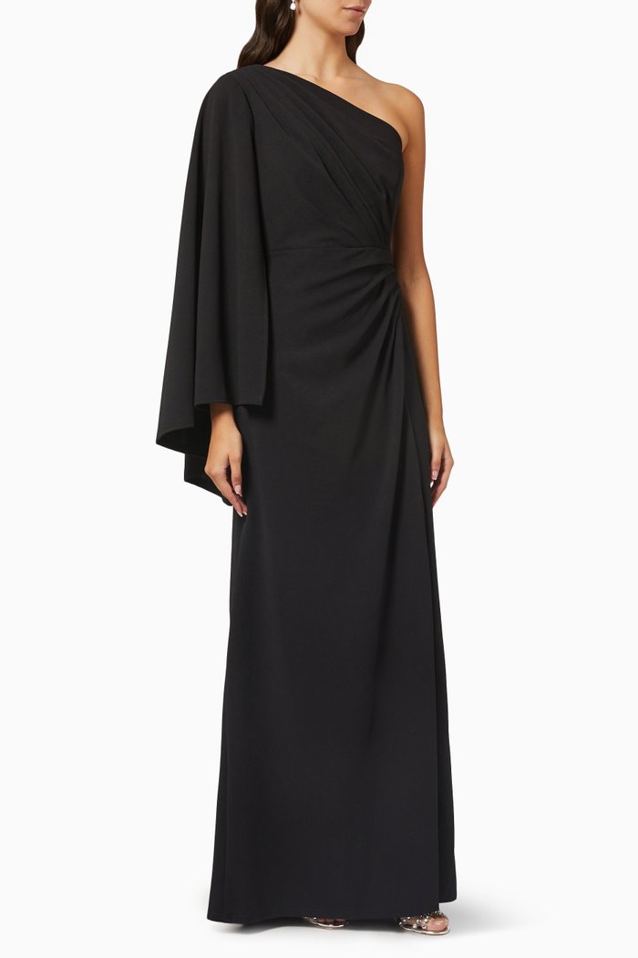 

One-shoulder Cape Sleeve Gown in Crepe, Black