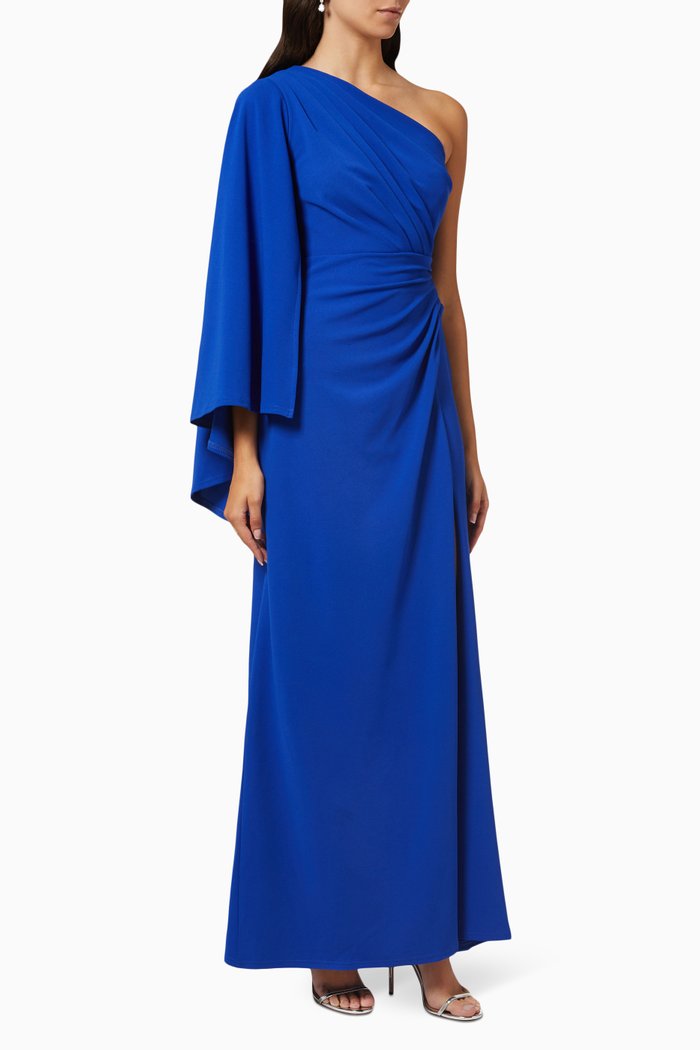 

One-shoulder Cape Sleeve Gown in Crepe, Blue
