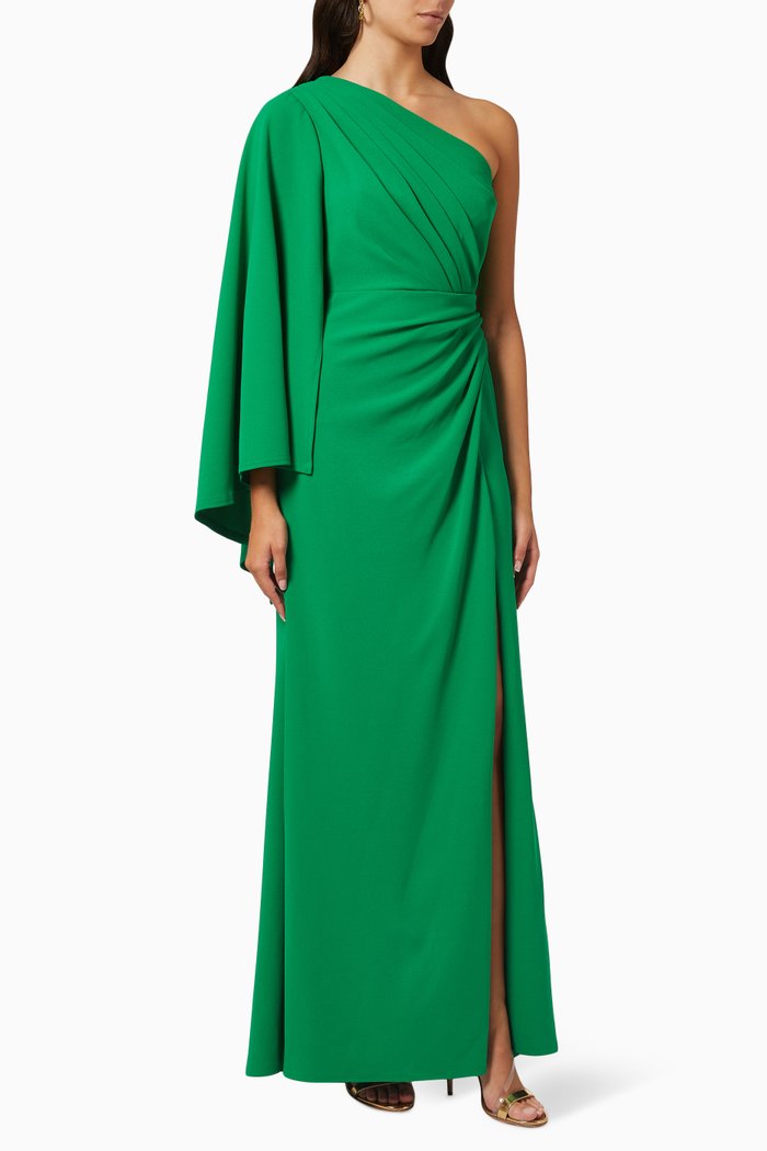 

One-shoulder Cape Sleeve Gown in Crepe, Green