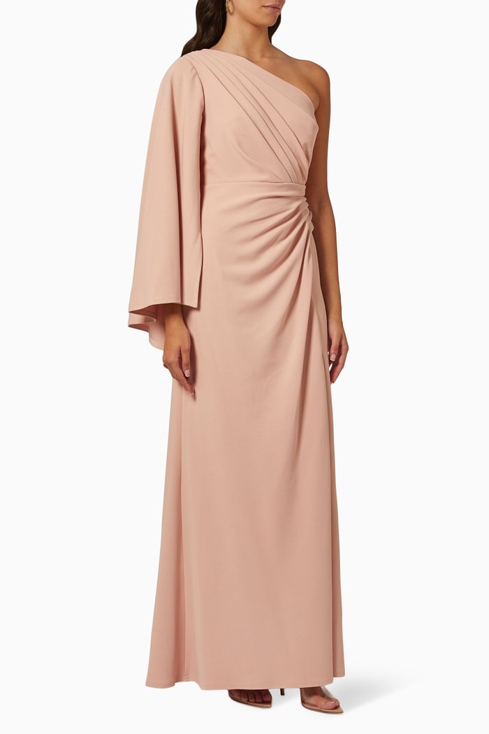 

One-shoulder Cape Sleeve Gown in Crepe, Pink