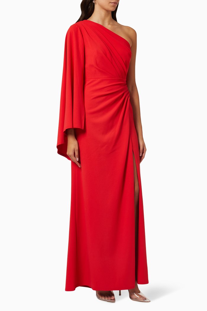 

One-shoulder Cape Sleeve Gown in Crepe, Red