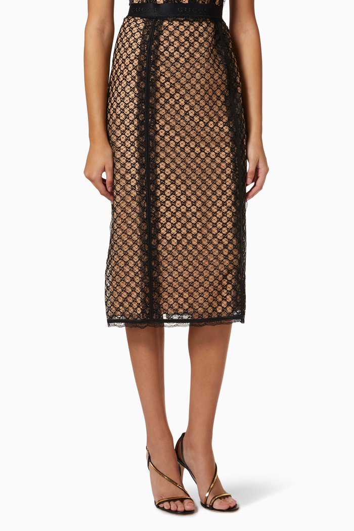 Skirt in GG net with Lace Trims, Black