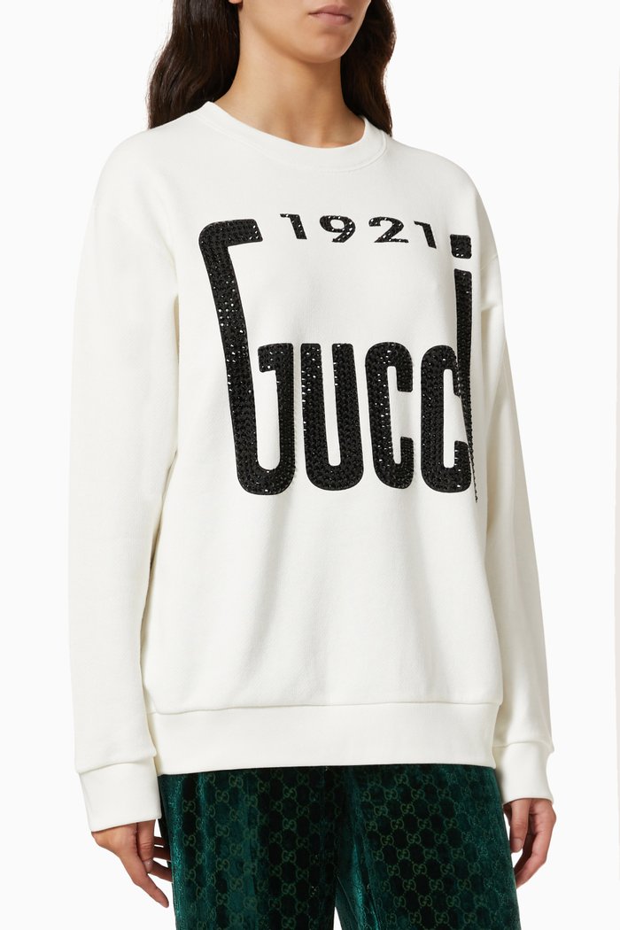 

Crystal '1921 Gucci' Sweatshirt in Heavy Felted Cotton Jersey, White
