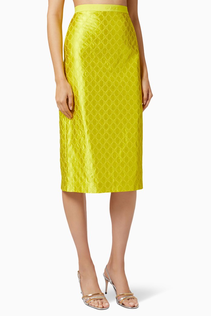 GG Embroidered Midi Skirt in Silk Duchesse, Yellow